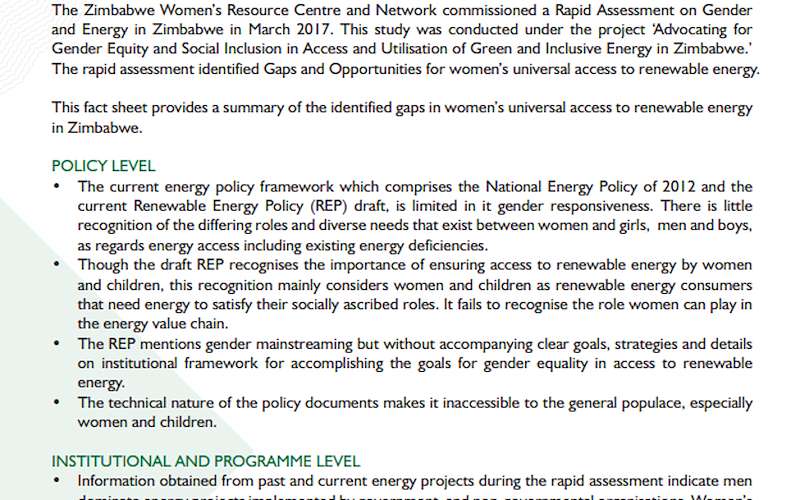 Fact Sheet : Gaps in Women's Universal Access to Renewable Energy 