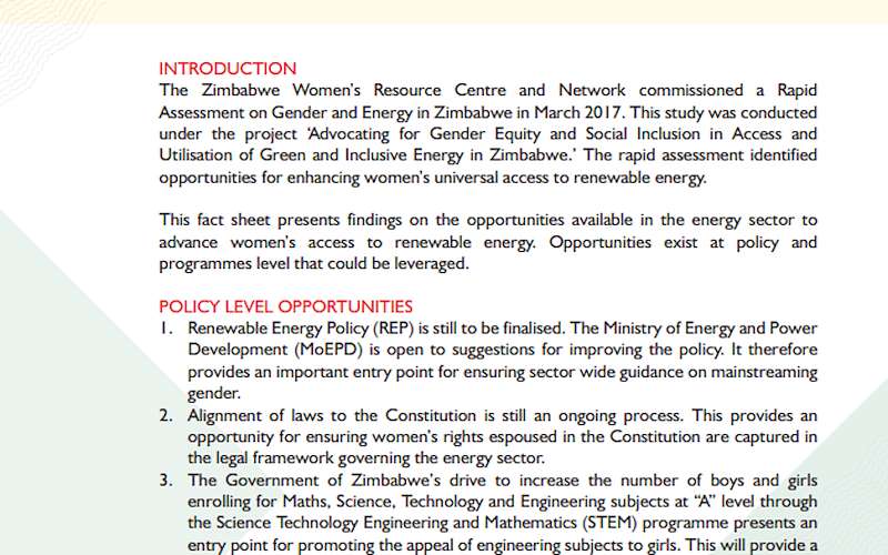 Fact Sheet : Opportunities for Women's Universal Access to Renewable Energy 
